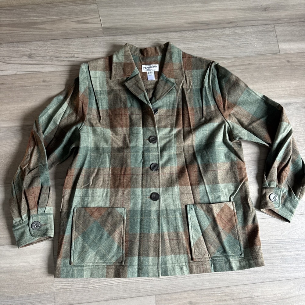 Pendleton Vintage Women's Green Plaid Wool 49er Shirt Jacket Large Made In USA